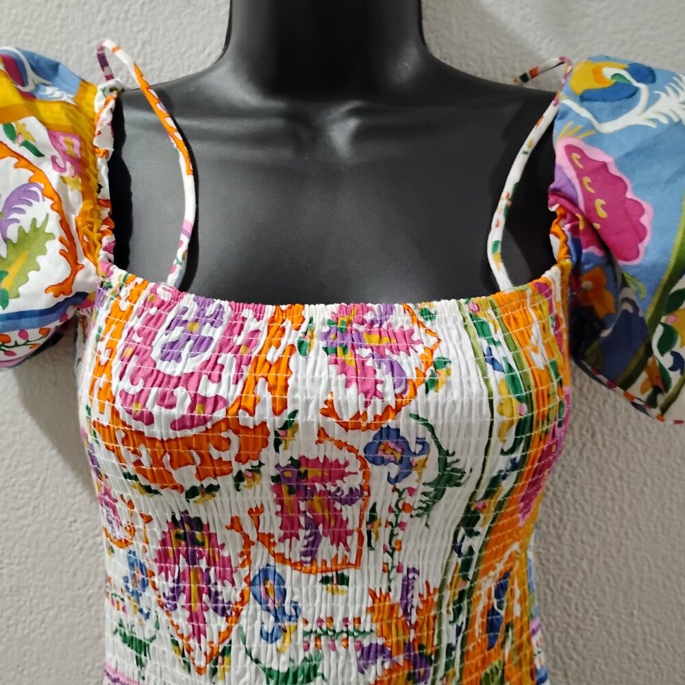 Mango -S- Dress With Puff Sleeves-colorful-mini dress furrowed knitting - Picture 4 of 10